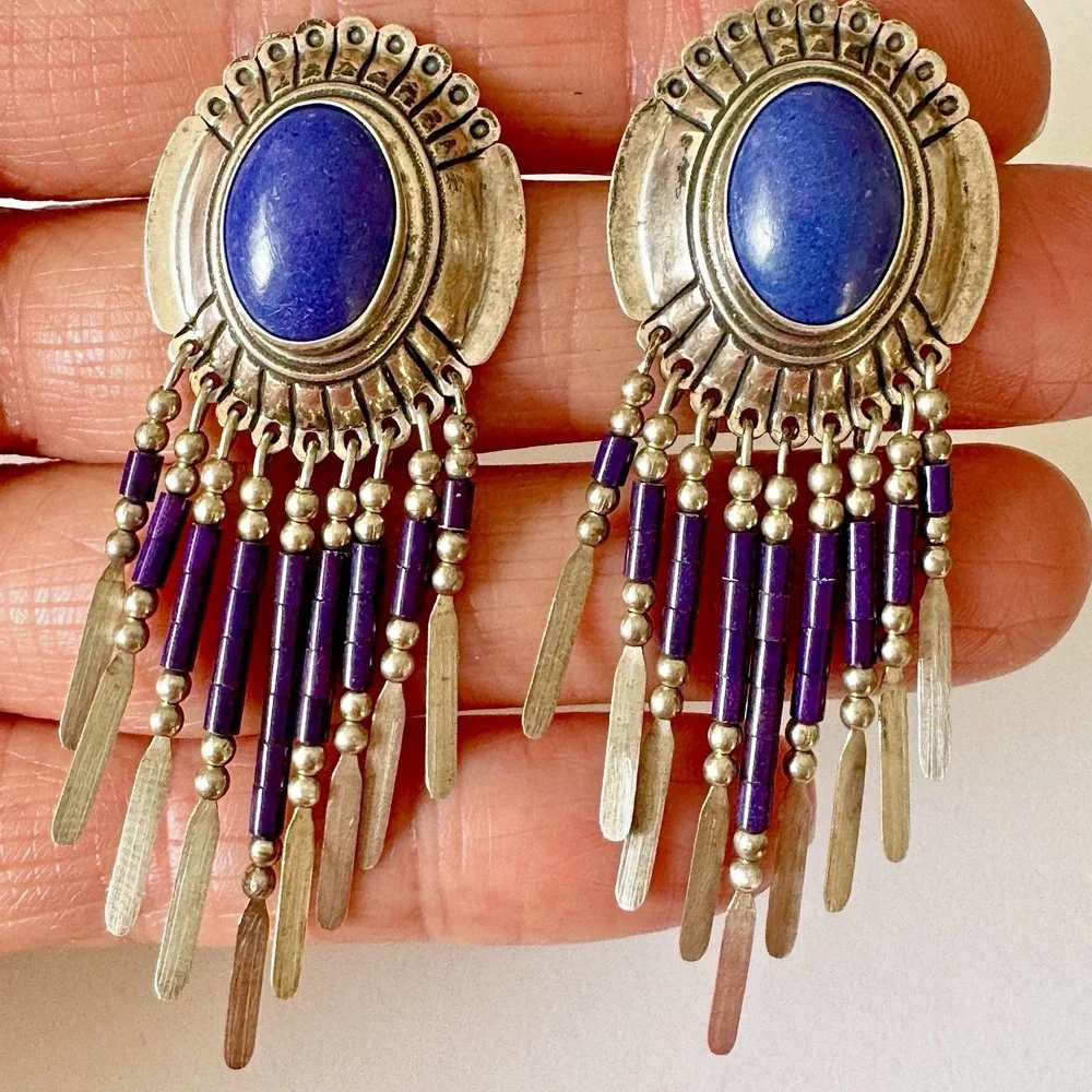 Fringe Blue Lapis Earrings Signed STC‎ Dangle Sterling 925 Southwest Big Bold